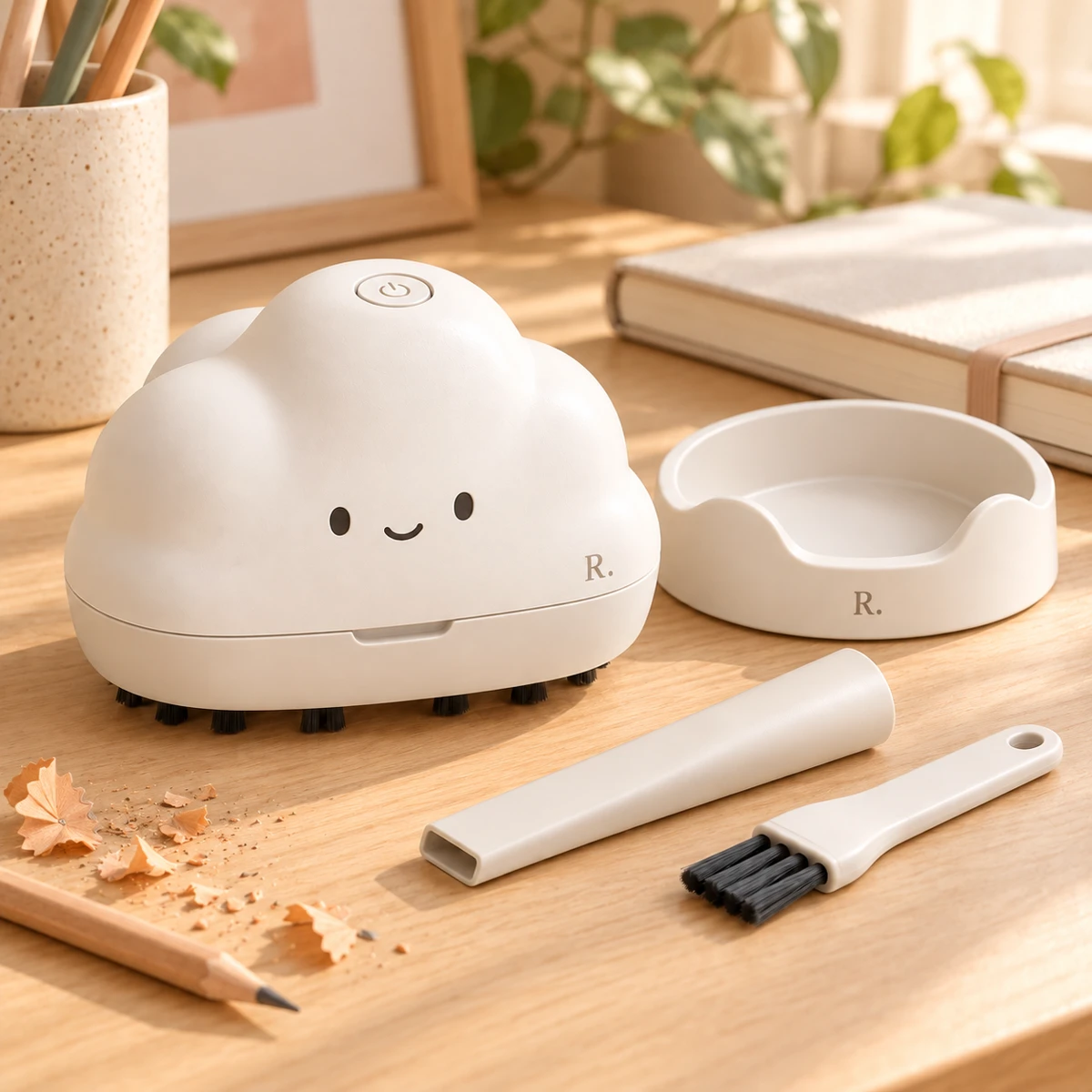 A cozy desk with a Radyncey mini desktop vacuum